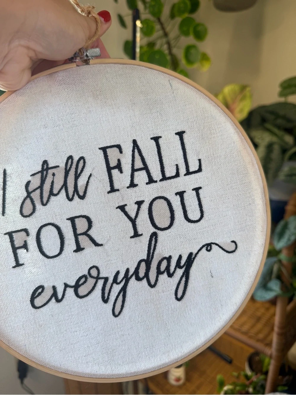 Embroidered Hoop Wall Art in Black and White - I Still Fall For You Everyday